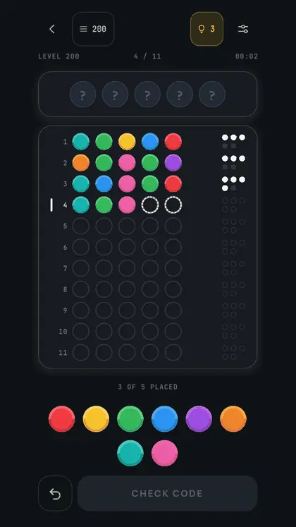 Level 200 in the dark theme: five positions, eight colours