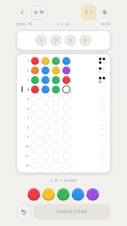A Colorbreak board mid-level, four guesses in, with feedback pegs beside each row