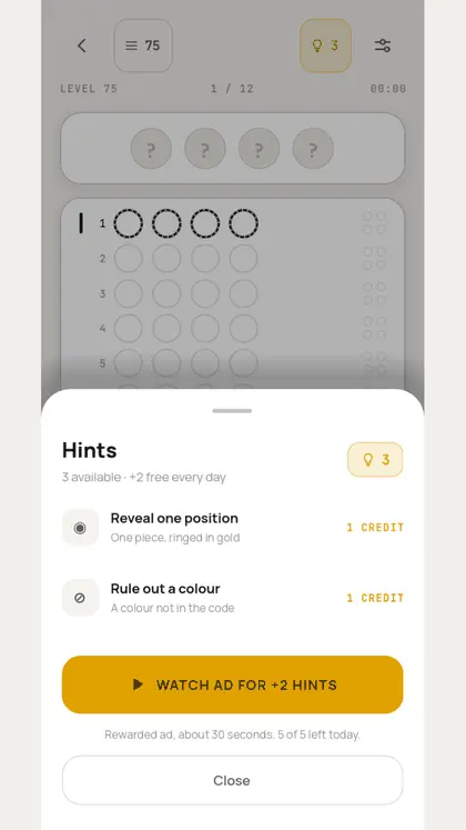 The hint sheet: reveal one position or rule out a colour