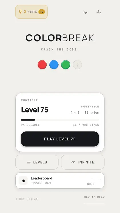 Colorbreak home screen: continue at level 75, or open the level map or Infinite